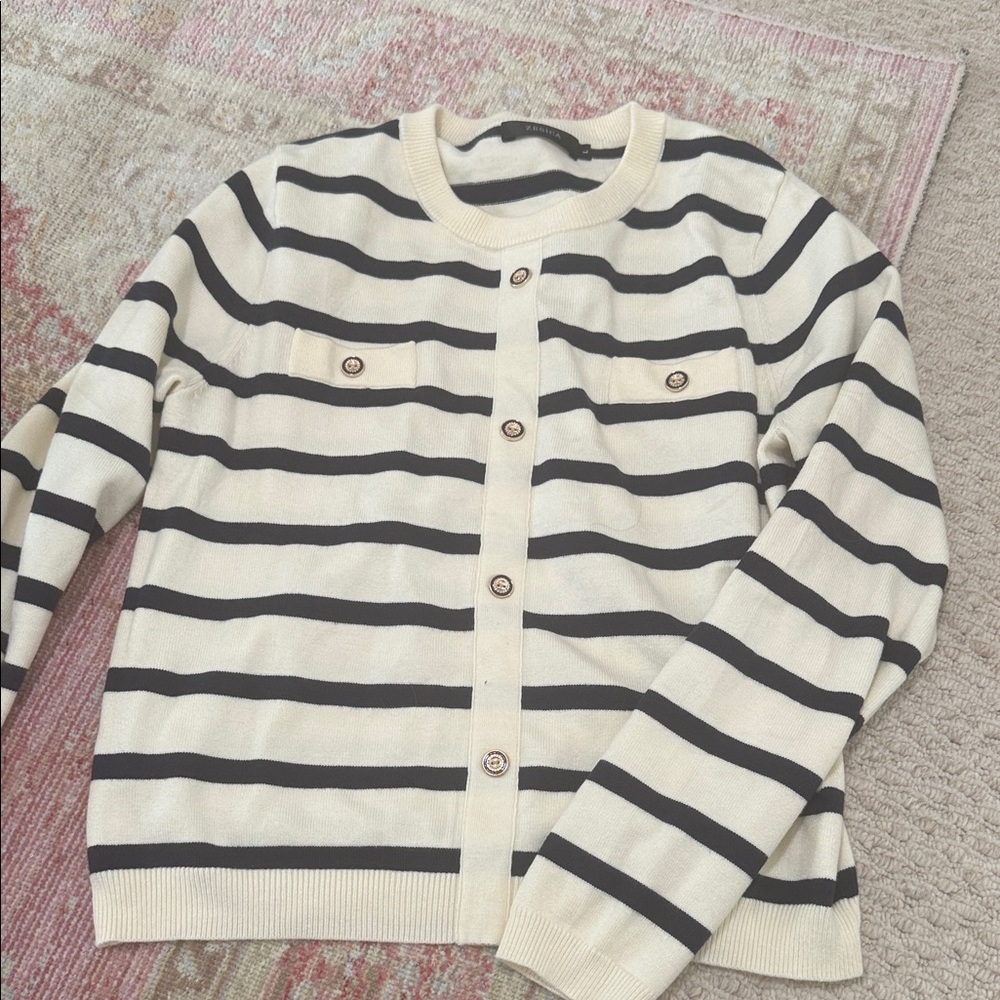Striped Button-Front Crewneck Sweater - Cream/Navy